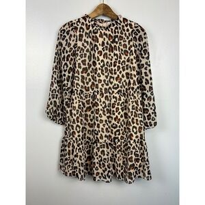 LOFT Petite Leopard Print Tiered Chiffon Ruffle Neck Dress XS Tan Lined Career